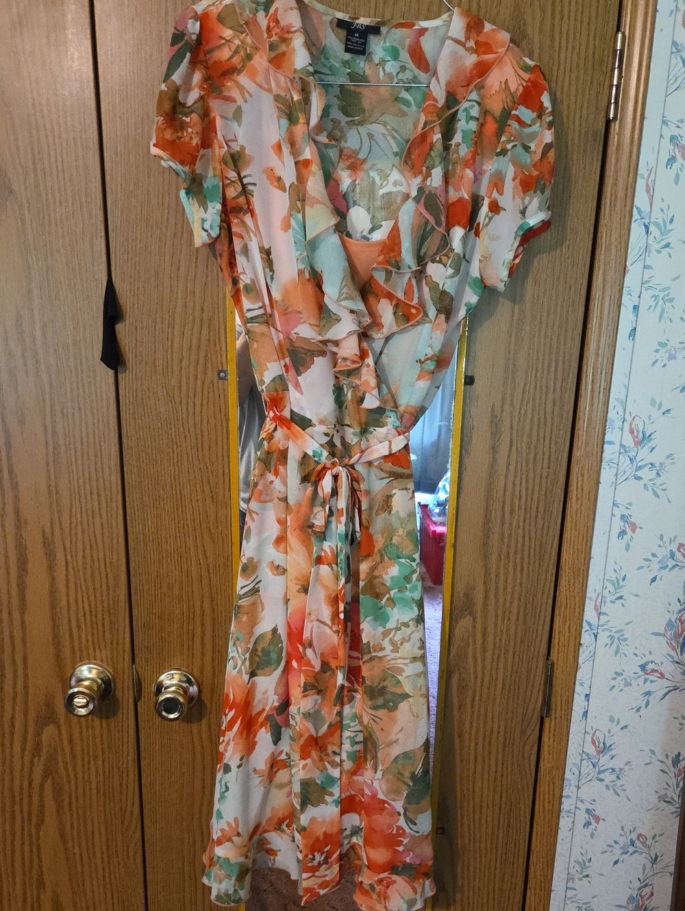 J.B.S. Floral Ruffle Wrap Maxi Dress in Coral and Mint